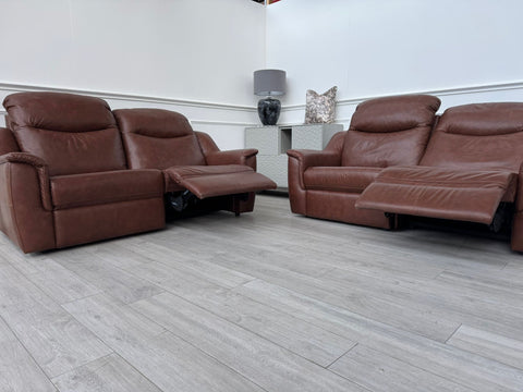 G PLAN Firth Brown Leather 3 & 3 Seater Power Recliner Sofa Set RRP £7,188