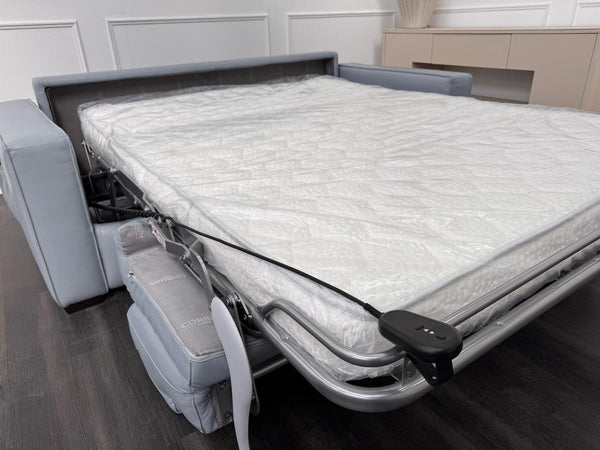 Stunning Italian Made Baby Blue Leather 3 Seater Electric Sofa Bed Including Mattress