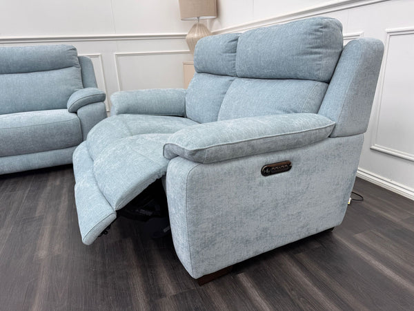 Starlight Light Blue Herringbone Fabric 3 & 2 Seater Power Recliner Sofa Set