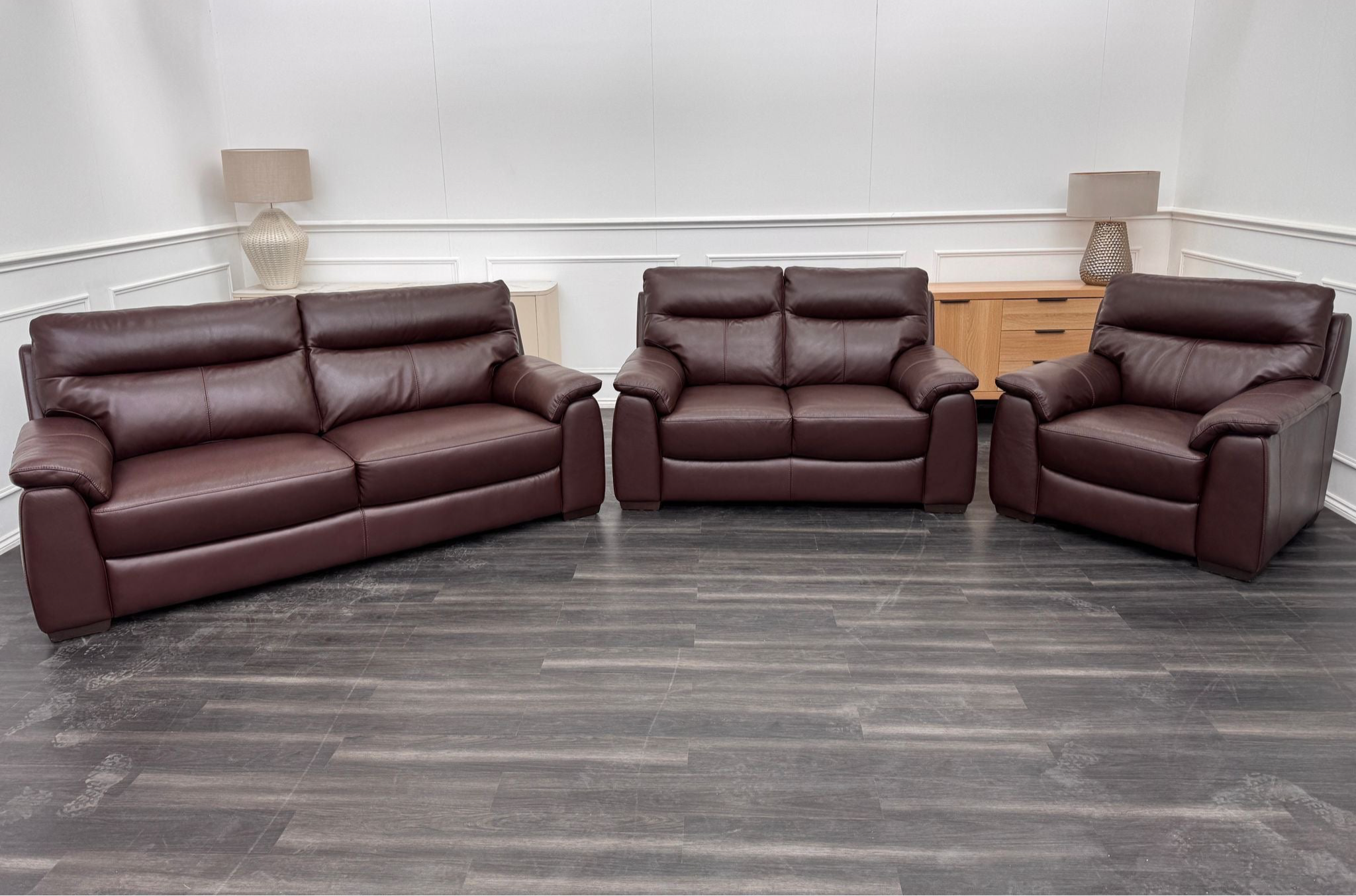 Brown Leather 3 & 2 Seater & Armchair Static Sofa Set
