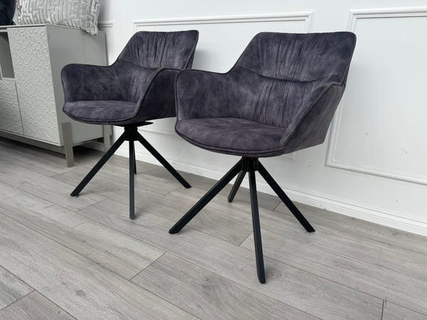 Marvel Pair of 2 Charcoal Velvet Swivel Dining Chairs