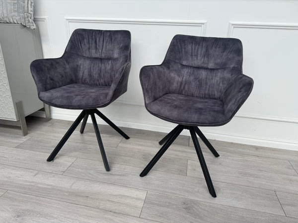 Marvel Pair of 2 Charcoal Velvet Swivel Dining Chairs