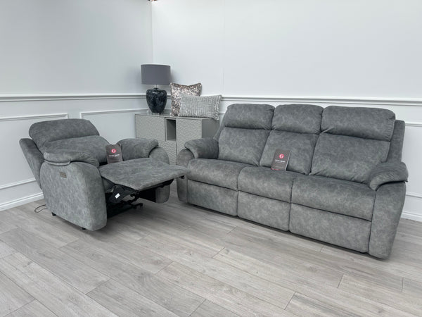 Kingsbury Grey Velour Static 3 Seater Sofa + Power Recliner Armchair