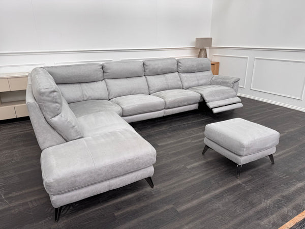 Contempo Grey Silver Saddle Fabric Chaise End Power Recliner Corner Sofa