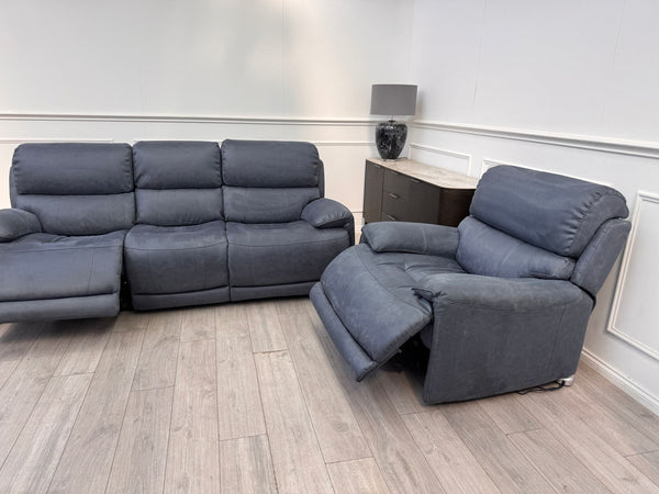 Link Saddle Fabric Blue 3 Seater & Armchair Power Recliner Sofa Set