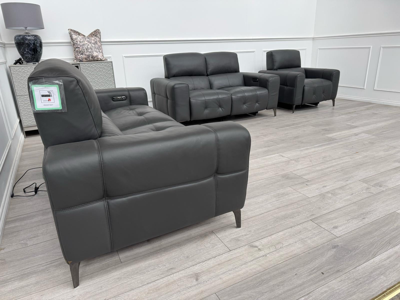New York Power Recliner 3&2 + Armchair Sofa Set Grey Leather