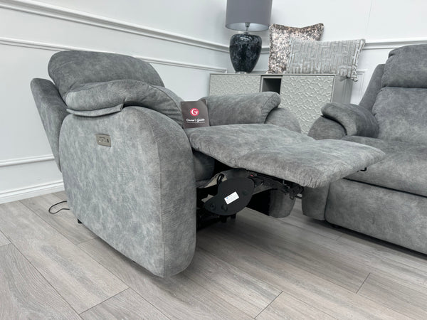 Kingsbury Grey Velour Static 3 Seater Sofa + Power Recliner Armchair