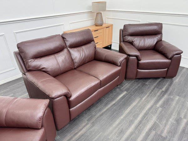 Brown Leather 3 & 2 Seater & Armchair Static Sofa Set