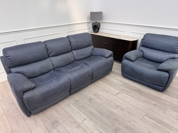 Link Saddle Fabric Blue 3 Seater & Armchair Power Recliner Sofa Set