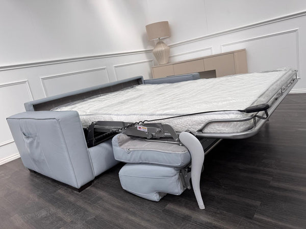 Stunning Italian Made Baby Blue Leather 3 Seater Electric Sofa Bed Including Mattress