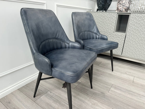 Val Pair of 2 Blue Genuine Leather Dining Chairs