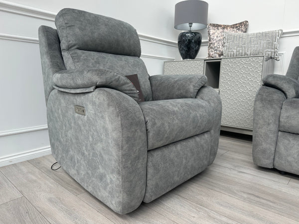 Kingsbury Grey Velour Static 3 Seater Sofa + Power Recliner Armchair