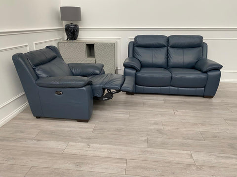 Furniture Village Starlight Navy Leather 2 Seater & Power Recliner Armchair Set