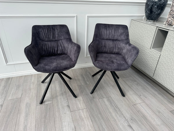 Marvel Pair of 2 Charcoal Velvet Swivel Dining Chairs