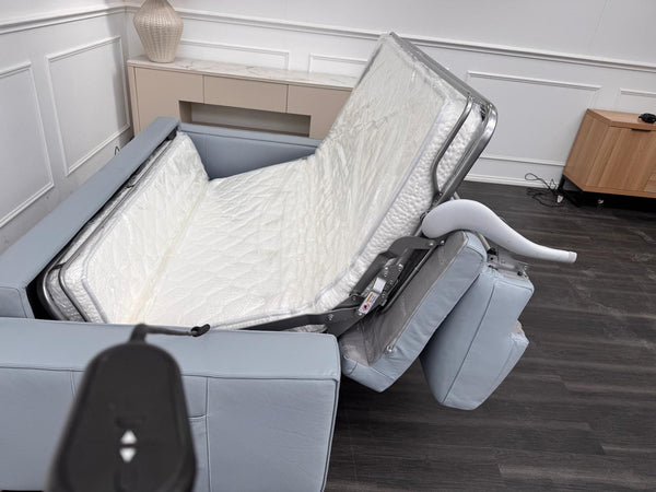 Stunning Italian Made Baby Blue Leather 3 Seater Electric Sofa Bed Including Mattress