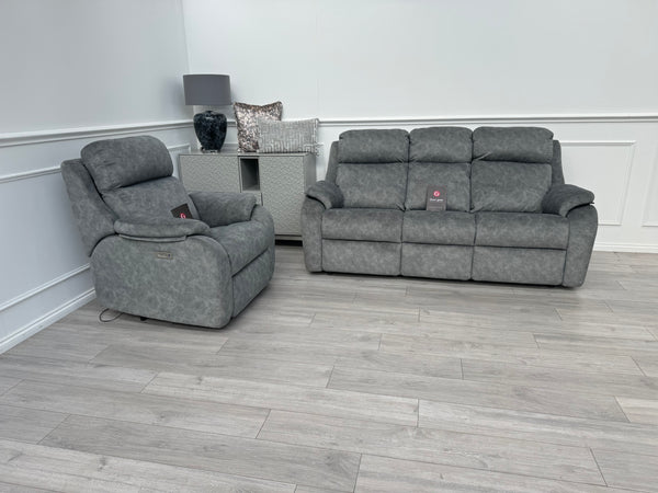 Kingsbury Grey Velour Static 3 Seater Sofa + Power Recliner Armchair