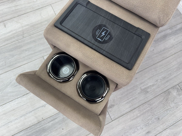 Sofology Illinois Console Mottled Fabric Latte Cup Holders Wireless Charging7