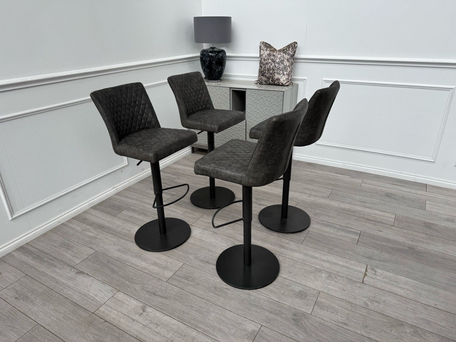 Furniture Village Earth Set Of 4 Dark Grey Dining Barstools Lift Pedestal0