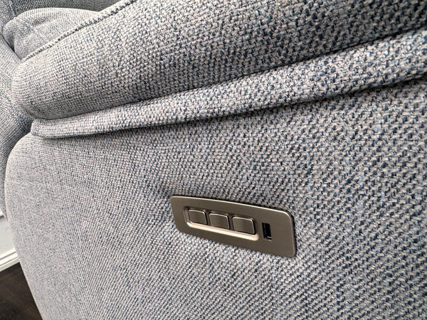 G Plan Kingsbury Power Recliner Armchair Woven Light Blue/ Grey RRP £24258