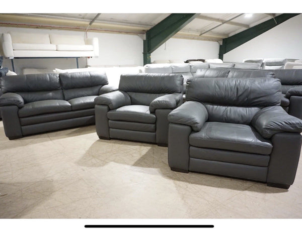 Furniture Village Cozee Dark Grey Leather 3 Seater Sofa + 2x Armchairs Set0