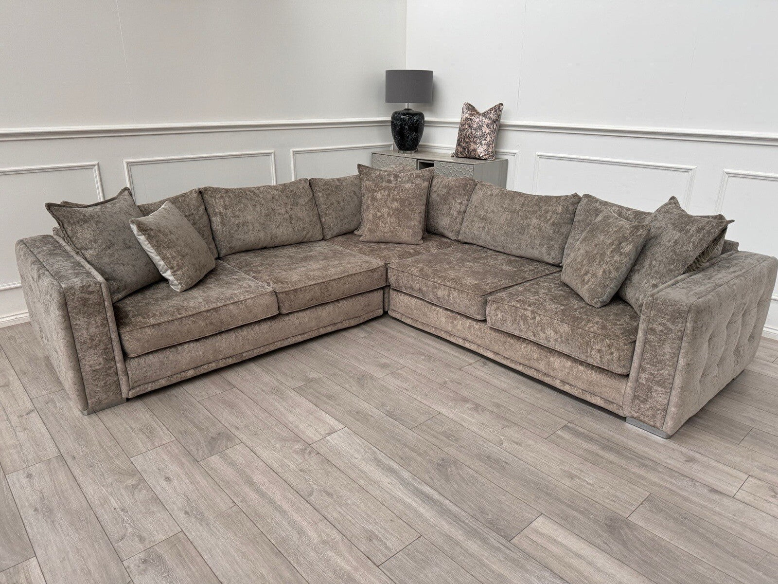 Sofology Midas Grey Fabric Corner Sofa Full Back With Scatter Cushions0