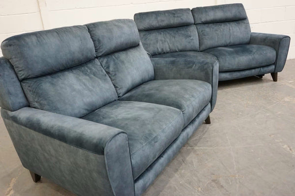 Furniture Village Zen blue velvet Power Recliner 3 + Static 2 Seater Sofa Set1