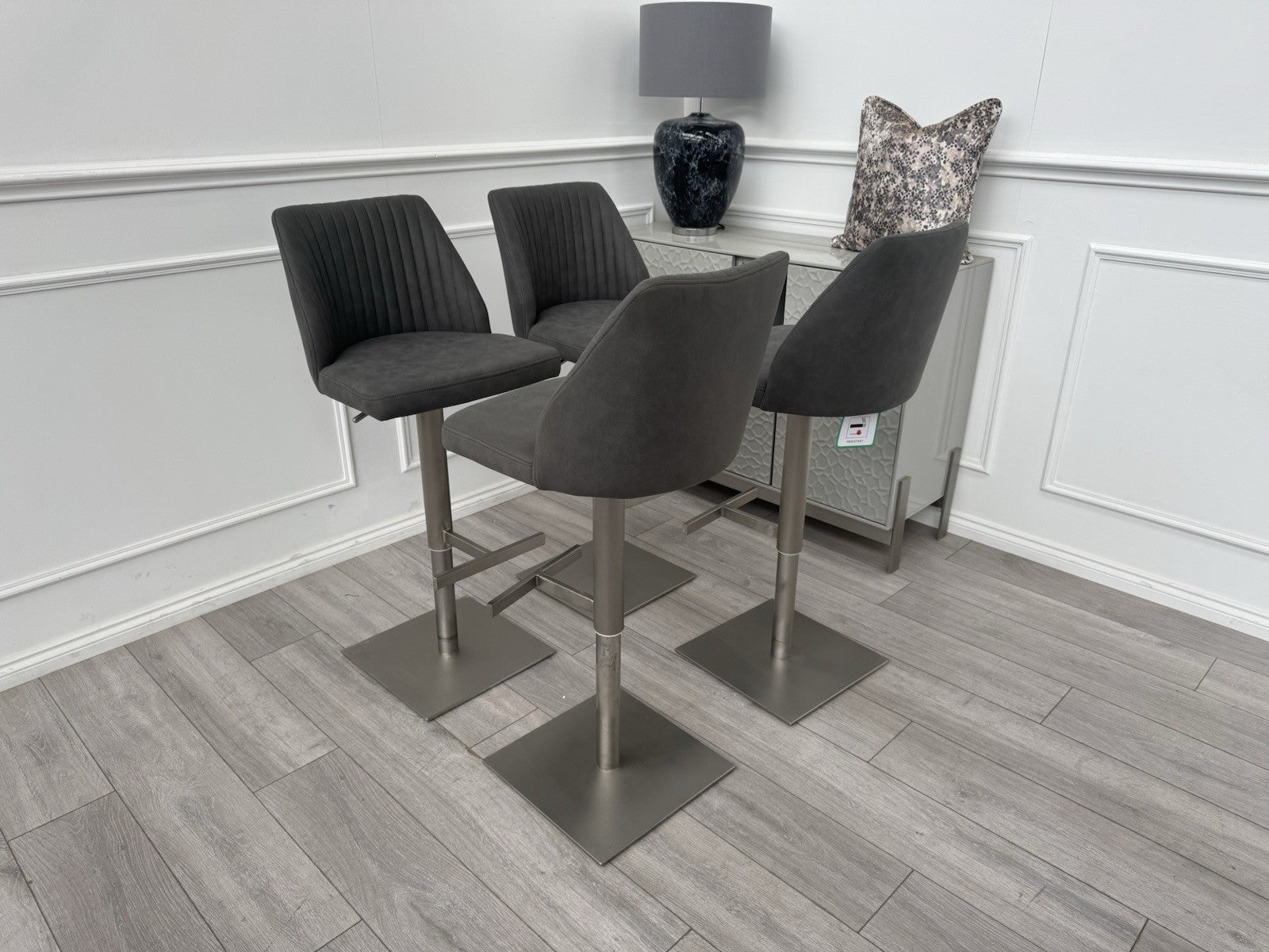 Furniture Village Grigio Set Of 4 Grey Suede Swivel Barstools Chairs0