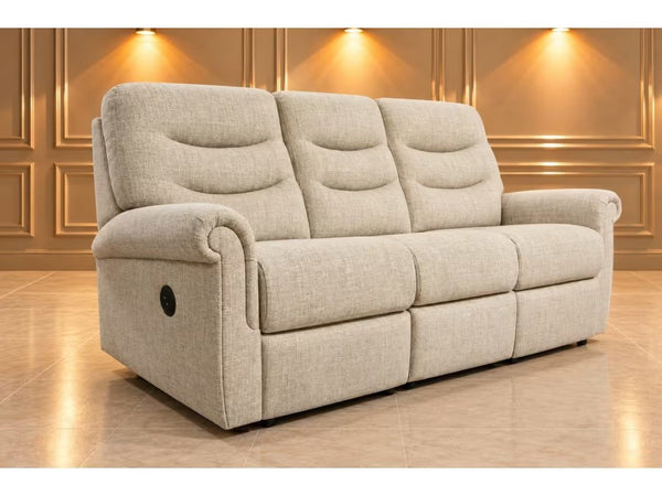 G Plan Holmes natural / gold mix fabric electric reclining 3 seater sofa0
