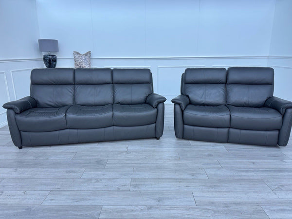 Furniture Village Charcoal Grey Static 3 + Power Recliner 2 Seater Sofa Set0