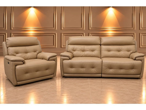 Furniture Village Brescia taupe leather power recliner 3 seater + chair sofa set0
