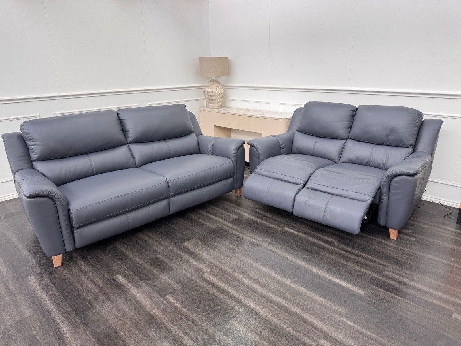 LA Z BOY Vienna Static 3 & Power Recliner 2 Seater Sofa Set Blue Leather0