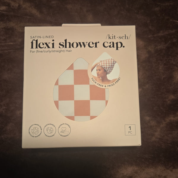 Kitsch Satin Lined Waterproof Extra Wide Shower Cap Terracotta White Checker0