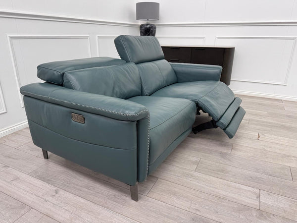 DFS Samantha Teal Genuine Leather 3 Seater Electric Power Recliner + Headrests1