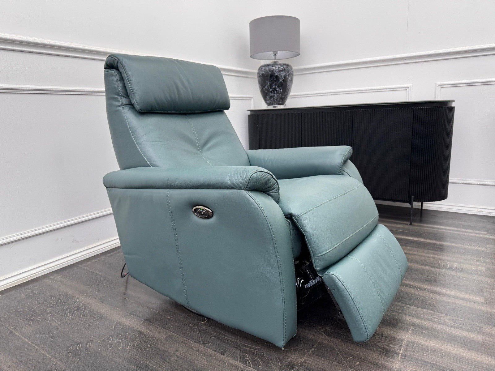 Furniture Village Rowen Lake Green Leather Armchair Pwr Recliner+Swivel+Rocking0