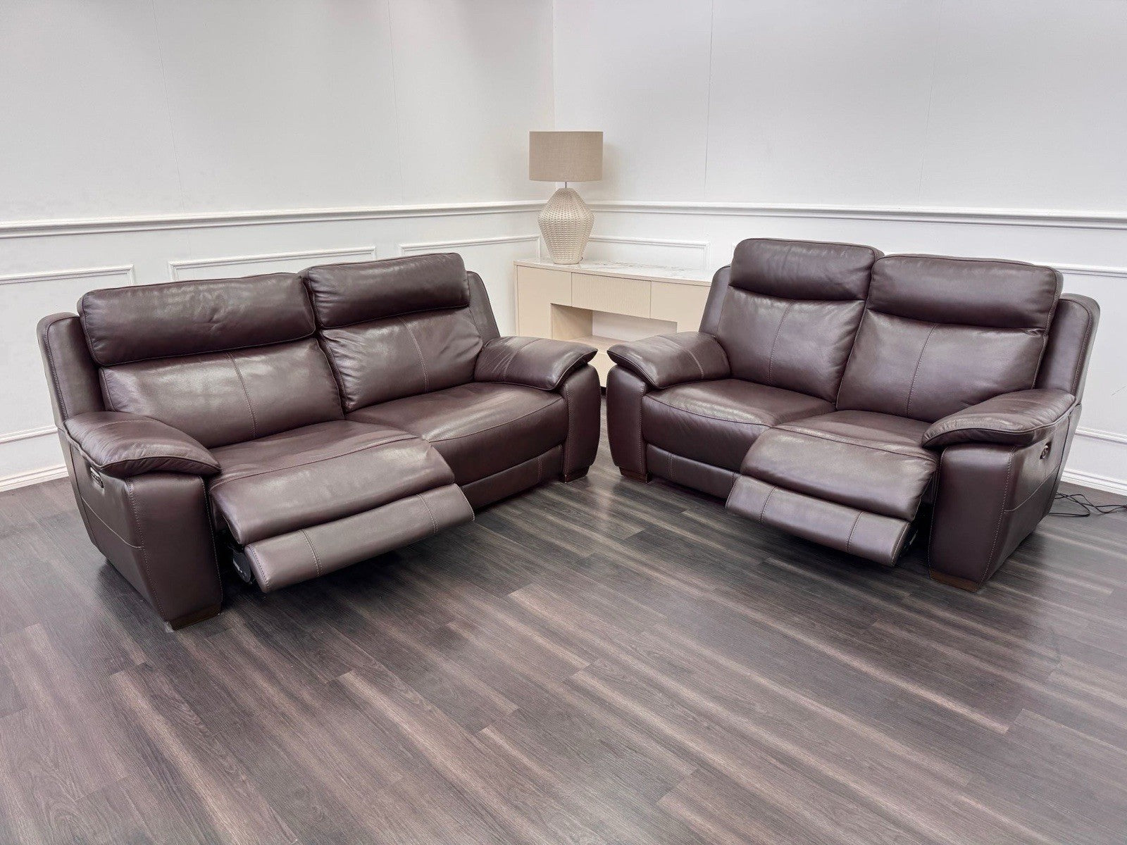 Furniture Village Starlight 3+2 Seater Sofa Set Pwr Recliner Dark Brown Leather0