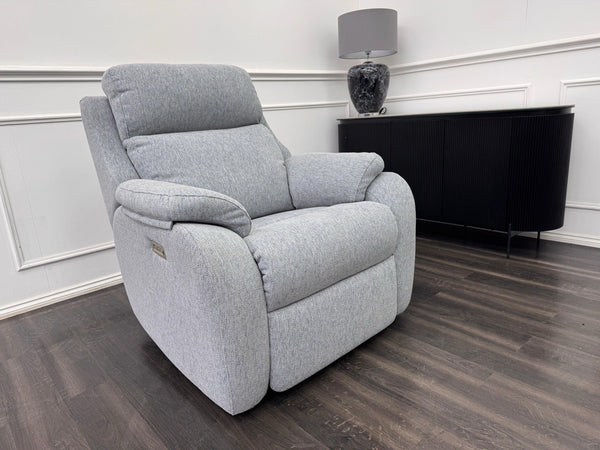 G Plan Kingsbury Power Recliner Armchair Woven Light Blue/ Grey RRP £24251