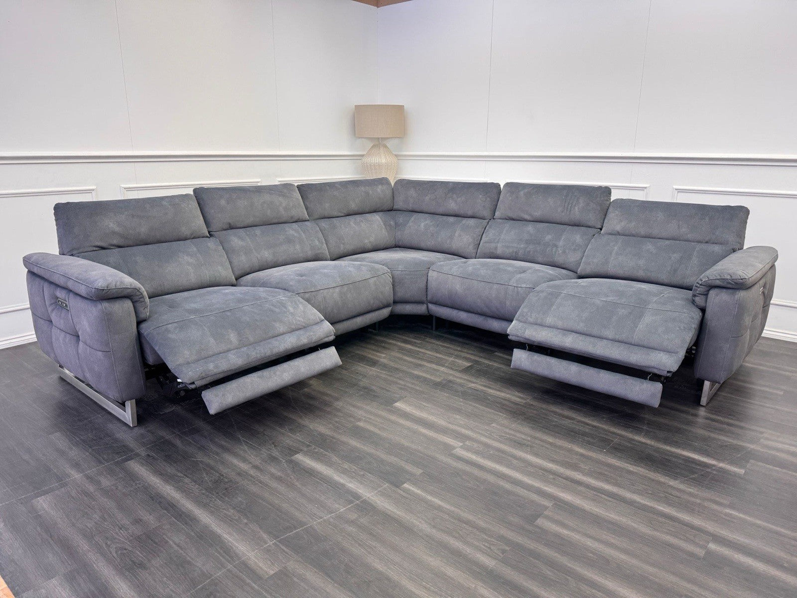 Furniture Village Moet Dark Grey Fabric Power Recliner Corner Sofa Headrests0