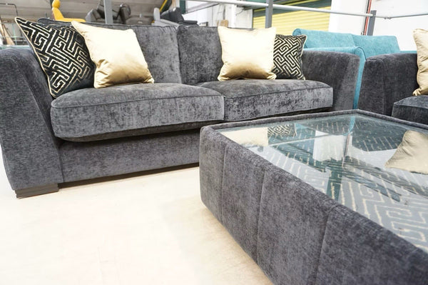 DFS black chenille fabric 4 & 3 seaters + Coffee Table + Snuggle Chair Sofa Set7