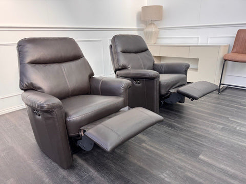 Furniture Village Lille Dark Brown Leather Pair Of Armchairs Power Recliner0