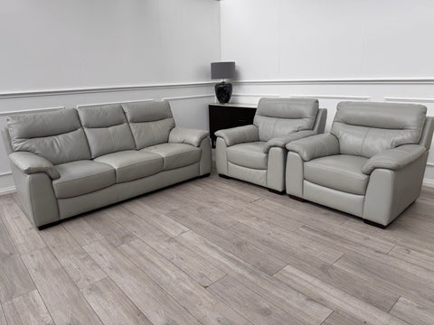 Furniture Village Grey Genuine Leather Sofa 3 Seater Sofa + 2x Armchairs Set0