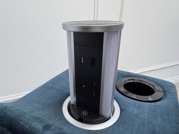 Sofology Renato Console Navy Blue Velvet Cup Holders Storage LED Charging6