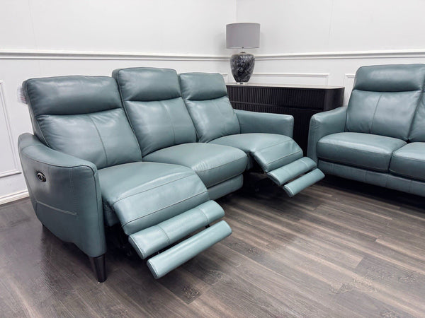 Furniture Village Petit 3 & 3 Seater Sofa Set Power Recliner Lake Green Leather1