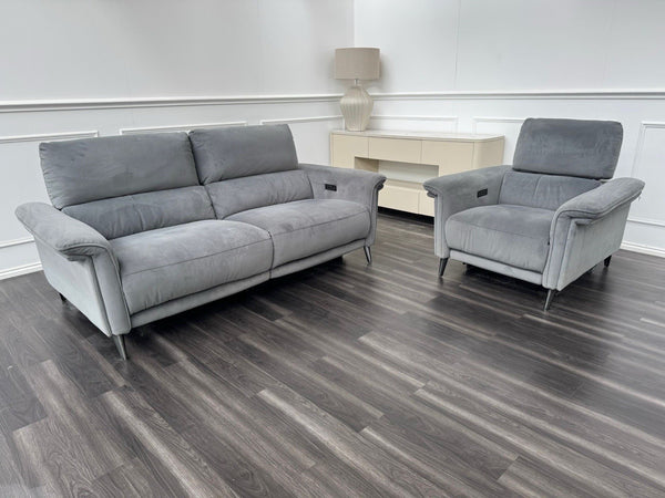 Furniture Village Huxley 3 Seater + Armchair Sofa Set Grey Velvet Power Recliner0