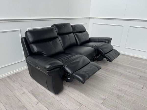 FV Serene Black Leather Power Recliner 3 Seater Sofa Lumbar + Headrest0