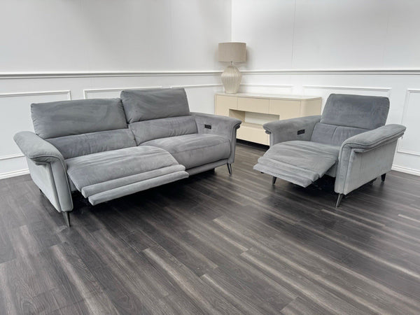 Furniture Village Huxley 3 Seater + Armchair Sofa Set Grey Velvet Power Recliner1