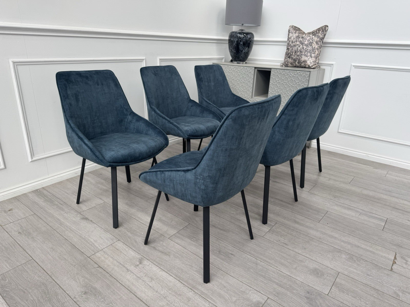 Furniture Village Veja Navy Blue Velvet Set Of 6 Swivel Dining Chairs0