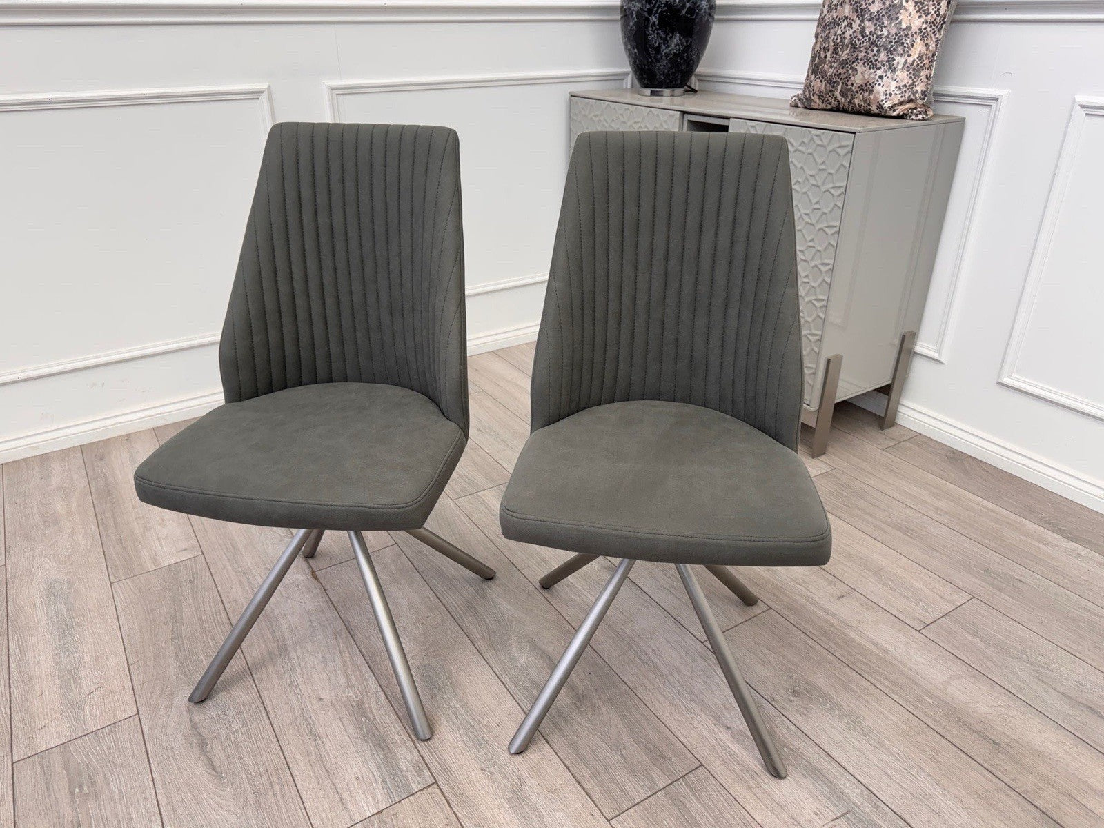 Furniture Village Grigio Pair of Grey Suede Swivel Dining Chairs0