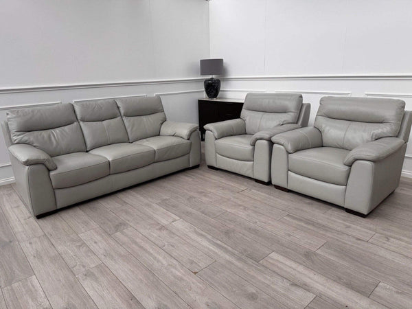 Furniture Village Grey Genuine Leather Sofa 3 Seater Sofa + 2x Armchairs Set0