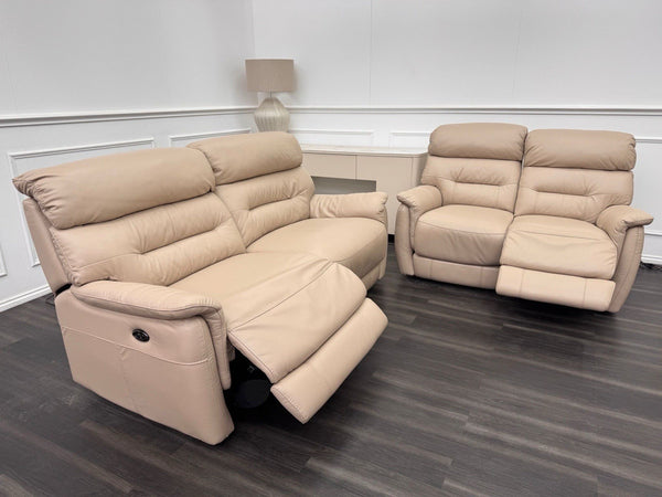 Furniture Village Chicago 3 & 2 Seater Sofa Set Power Recliner Pebble Leather1