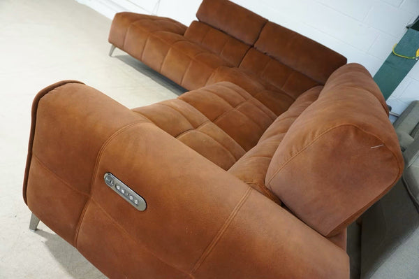 DFS Burnt orange velvet fabric Power Recliner 2 piece Open End Corner Sofa2